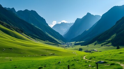 Majestic Mountain Valley View with Green Meadows and Dramatic Peaks Backgrounds