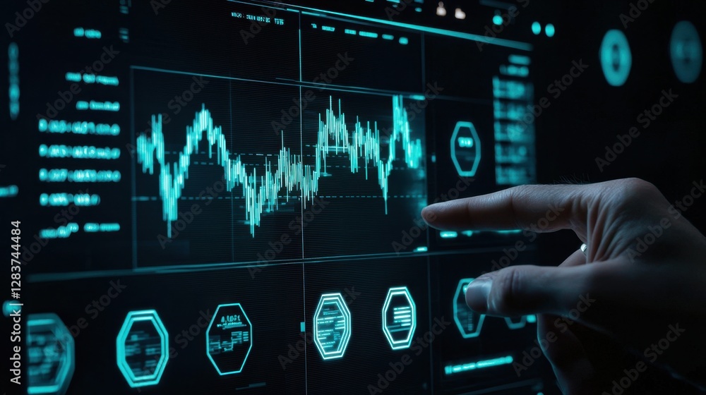 Poster futuristic data analysis with digital touchscreen interface showing complex charts and graphs for te