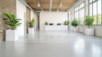 Modern office lobby with plants, reception desk, and large windows. Possible use Commercial interiors, office spaces