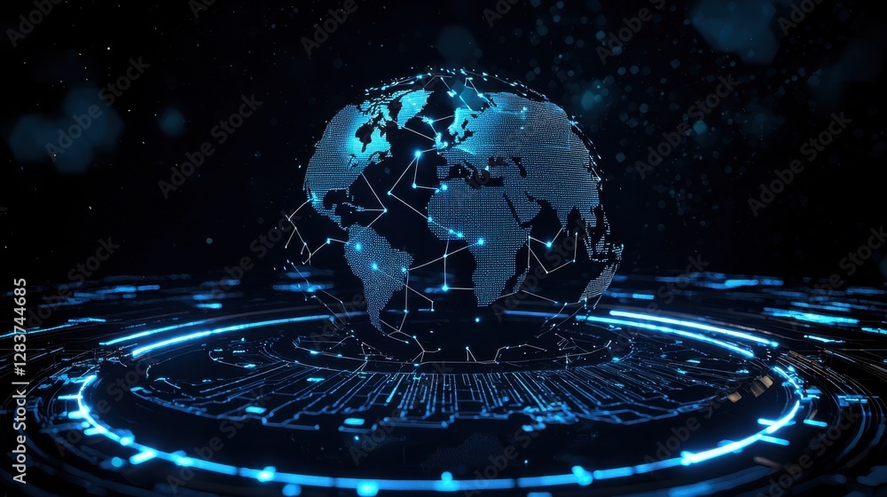 Poster futuristic digital globe with connecting network lines and points of light representing global conne