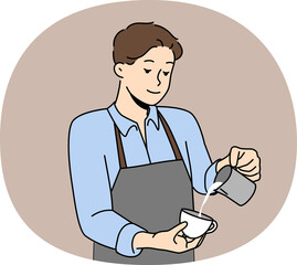 Man barista prepares delicious coffee with fresh cream, working in trendy coffee shop or restaurant. Barista guy pours milk into mug of cappuccino, which gives energy due to its caffeine content.