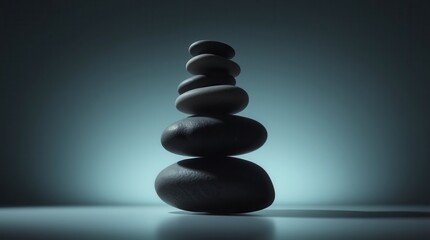 Seven smooth stones stand stacked in balance, evoking serenity and a meditative state.
