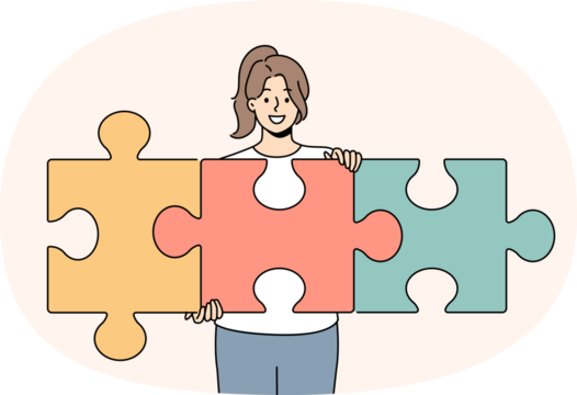 Successful woman unraveling puzzle and solving complex task while developing own startup. Smart girl with smile demonstrates problem solving skills and ability to create team for business.