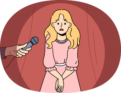 Little girl is afraid to speak in front of public and feels embarrassed standing on stage near hands with microphone. Afraid of public speaking and lack of oratory skills fetters female teenager