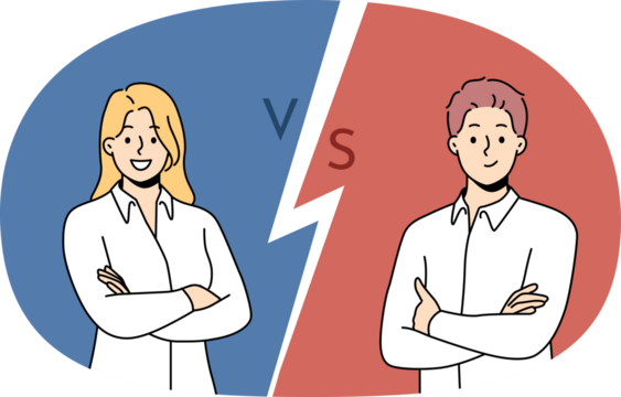 Successful business colleagues stand with arms crossed, wanting to compete in professional skills or productivity. Man vs woman in business race for position of manager on board of directors
