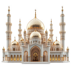 3D golden silhouette of a mosque with glowing minarets, isolated on white background --s 750 --style raw