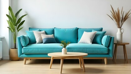 A turquoise sofa with pillows and a round wooden table with flowers in a minimalist living room with a wooden floor