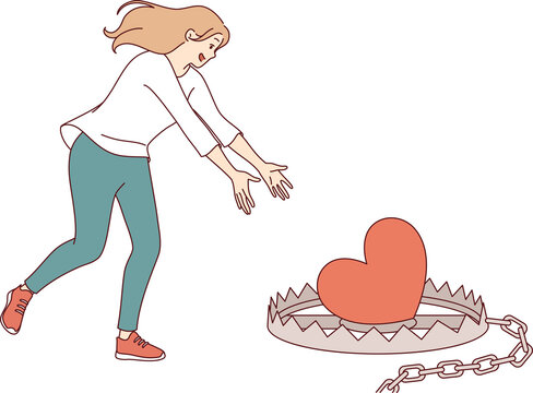 Woman falls into romantic trap when she runs up to mantrap with heart-shaped bait. Romantic trap for girl who wants to find love and agrees to risky relationship that causes life problems