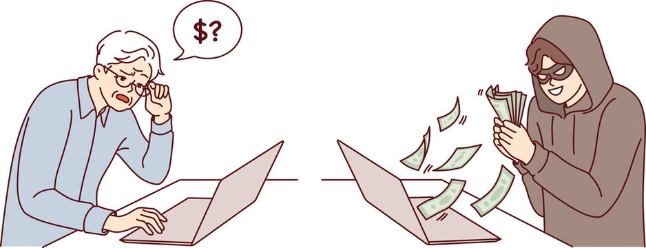 Hacker steals money from elderly man using laptop with internet, via psychological manipulation and scam techniques. Robbed grandfather trusted anonymous chat interlocutor and sent savings to hacker