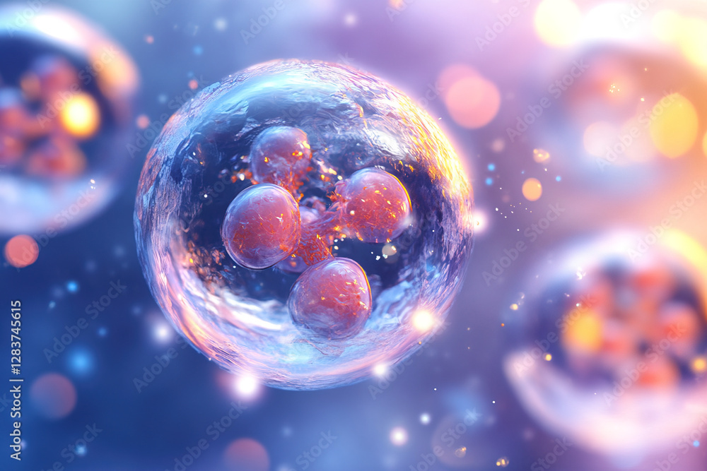 Poster exploring cellular structure with vibrant colors and soft light effects