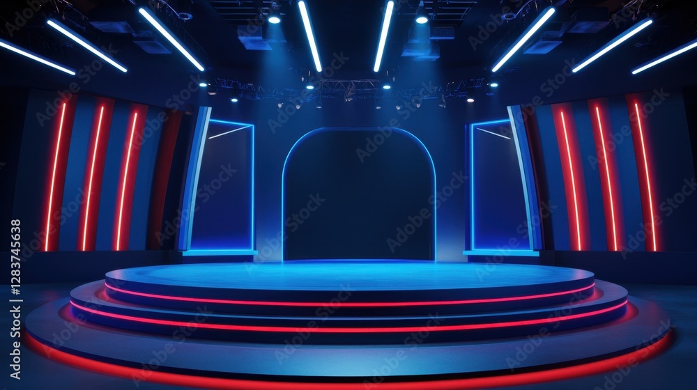 Poster modern stage design with blue and red lighting featuring circular platform and dynamic background fo