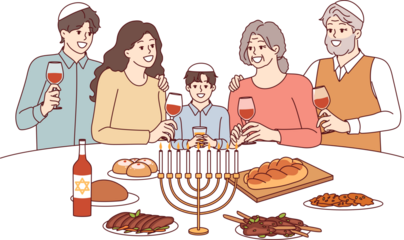 Jewish family at festive table with minor, drinks red wine and eats traditional food. Jewish religious holiday is celebrated by israeli residents of different generations and ages.