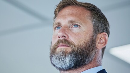 Obraz premium Businessman focused, indoors, looking up, thoughtful pose