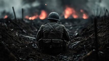 Fototapeta premium Dramatic Scene of Soldier in Combat Zone Surrounded by Smoke and Flames Depicting the Harsh Reality of War and Its Impact on Humanity