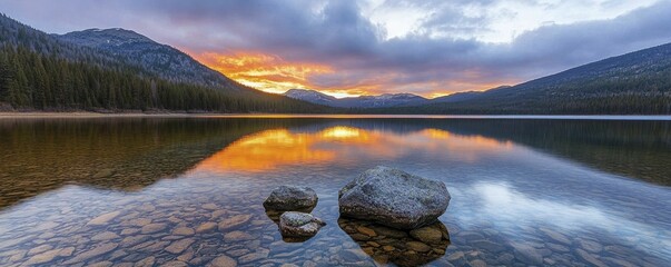 Reflective lake sunsets with vibrant orange and purple hues forming a breathtaking natural palette over calm waters, inducing serenity and calmness.