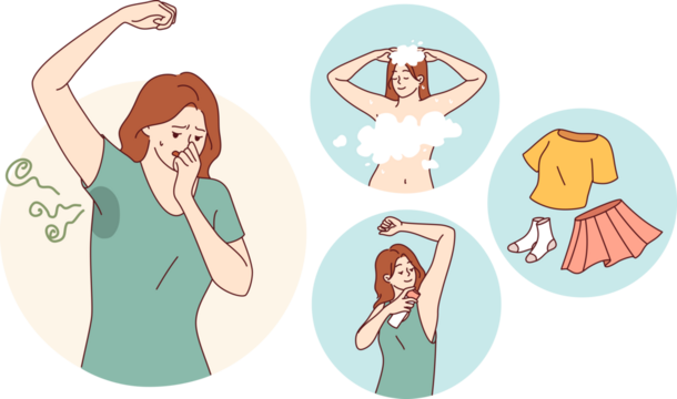 Woman fights smell sweat by using deodorant and putting on clean clothes after taking shower. Girl feels stench and smell of sweat due to violation of hygiene rules and lack of air conditioning system