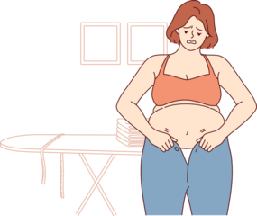 Woman experiencing problems with excess weight tries to put on small pants, and needs diet. Girl with excess weight does not fit into clothes due to appearance of belly and cellulite caused by obesity