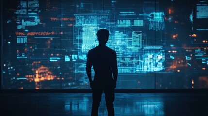 Silhouette of a person surrounded by futuristic data visualizations and analytical charts in a high tech environment. Generative AI