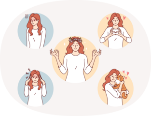 Woman uses meditation to get rid of depression and gain mental balance in life. Girl practices meditation from yoga or zen buddhism for harmonious development and relaxation after difficult work.