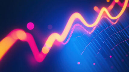 Neon Glowing Wave Line with Particles on Dark Blue Background, Abstract Dynamic Energy Flow, Modern Digital Art Design Visualization