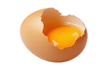 Brown cracked egg with yolk isolated on transparent PNG background.