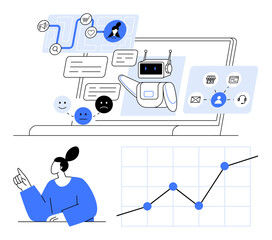 Laptop screen with AI chatbot, speech bubbles, mood icons, user interface elements, and graphs. Ideal for technology, AI, communication, analytics customer support user experience abstract line