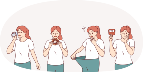 Woman with symptoms of diabetes experiences thirst and hunger, or suddenly loses weight for no reason. Girl is scared when she sees symptoms of diabetes and decreased insulin in blood.