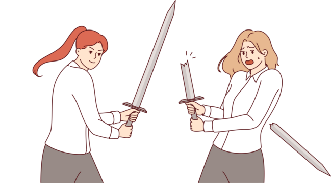 Battle of business women using swords to fight for vacant managerial position with high salary. Girl defeats competitor in business battle for client, demonstrating strength and self-confidence
