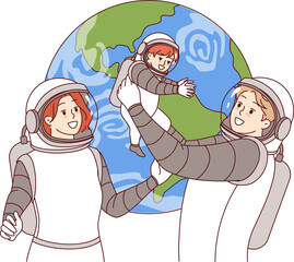 Family of astronauts makes space trip with baby, wearing spacesuits to obtain oxygen in zero gravity. Family of astronauts traveling on spaceship on scientific mission went into outer cosmos