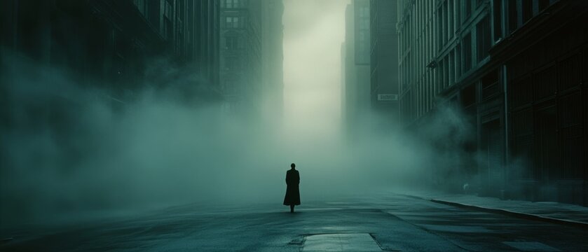 A lone figure shrouded in an overcoat stands solitary in a fog-filled, desolate cityscape, evoking mystery and introspection. - Powered by Adobe