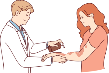 Dermatologist treats eczema on hands of woman suffering from skin disease and pigmentation spots. Man doctor in white coat uses spray for eczema, applied medicinal ointment to body of upset girl