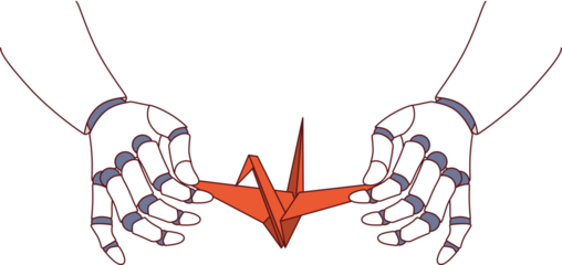 Paper swan in hands of robot demonstrating creative skills thanks to artificial intelligence training. Robot creates creative origami work using ai and neural networks or machine learning