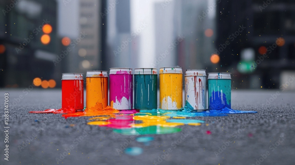 Poster vibrant splash of paint cans on a city street creating an artistic urban scene with colorful drips a
