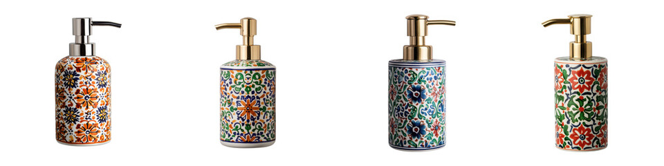 Obraz premium Ornate hand painted ceramic soap dispenser with vibrant floral patterns and vintage inspired design Perfect for adding a touch of bohemian Mediterranean style to your bathroom or kitchen decor
