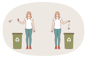 Woman throws trash into paper recycling bin, demonstrating correct way to dispose of waste. Comparison of two young girls showing willingness to separate waste collection for recycling.