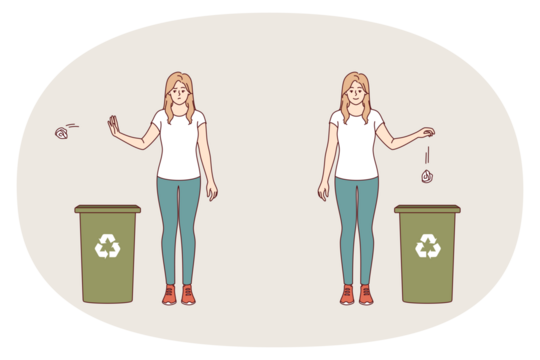 Woman throws trash into paper recycling bin, demonstrating correct way to dispose of waste. Comparison of two young girls showing willingness to separate waste collection for recycling. - Powered by Adobe