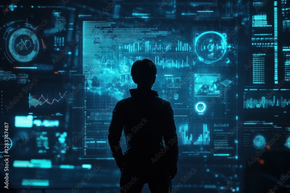 Fototapete silhouette of a person observing futuristic ai data visualizations and analytical charts in a high t