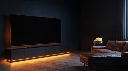 A cinematic-themed living room with dark walls