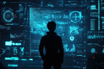 Silhouette of a person observing futuristic AI data visualizations and analytical charts in a high tech environment. Generative AI