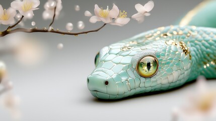 Green snake with gold eyes is laying on a white background