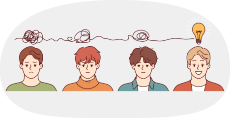 Several men brainstorm together and organize chaotic thoughts into idea in form of light bulb above heads. Teams brainstorm and develop ideas to obtain ideal and innovative product