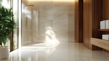 A serene and modern bathroom space featuring a glass shower, elegant wooden accents, and abundant natural light creating a peaceful and inviting atmosphere.