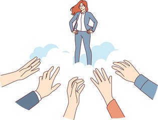 Business woman idol for fans stands among clouds and hands of people who want to receive advice from guru. Successful businesswoman is treated like idol due to professionalism and unique skills