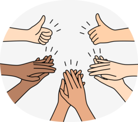 Hands of people applaud and showing thumbs up as sign of respect and support for speaker