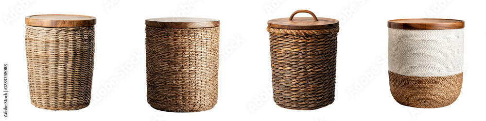 Poster assortment of wicker baskets in various shapes and sizes for home organization storage and decorativ