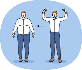 Slim man proud of getting rid of obesity and excess weight thanks to lifestyle transformation, showing biceps. Guy gained weight and got fat due to disease of obesity or eating disorder or bad habits