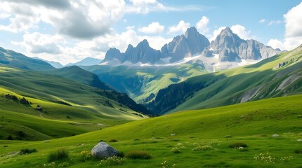 Majestic Mountain Valley View with Green Meadows and Dramatic Peaks Backgrounds