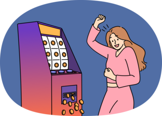 Woman won jackpot in slot machine with 777 on screen, celebrating luck tested in casino. Slot machine with money spilling out near girl vacationing in Las Vegas on summer vacation.