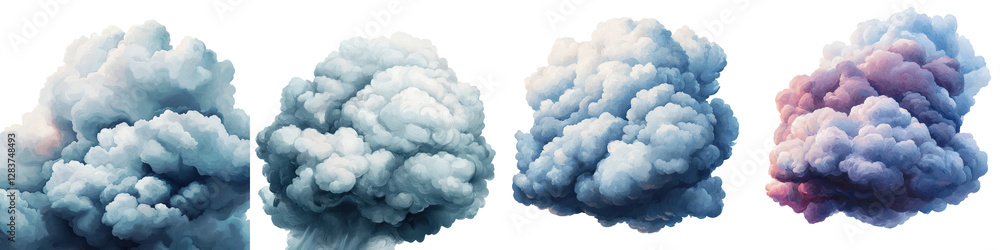 Poster dramatic billowing clouds of smoke vapor and mist in various abstract and dynamic formations creatin