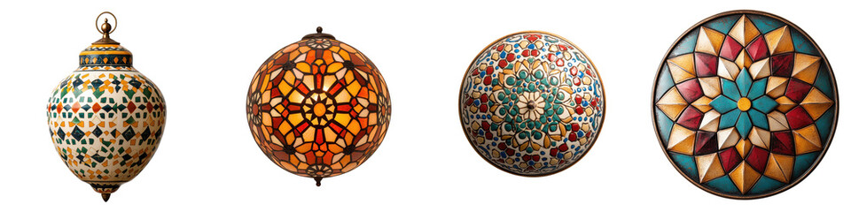 Collection of ornate and vibrantly colored Middle Eastern inspired lighting fixtures including a variety of lamps chandeliers and hanging showcasing intricate mosaic patterns stained glass designs
